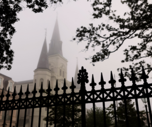 The church in Jackson Square, New Orleans shrouded in mist.