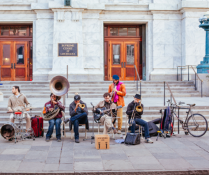 A brass band in playing in Jackson Square, New Orleans