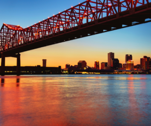 The view of New Orleans from the Mississippi on dusk.