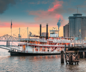 Steam boat docked in New Orleans on dusk.