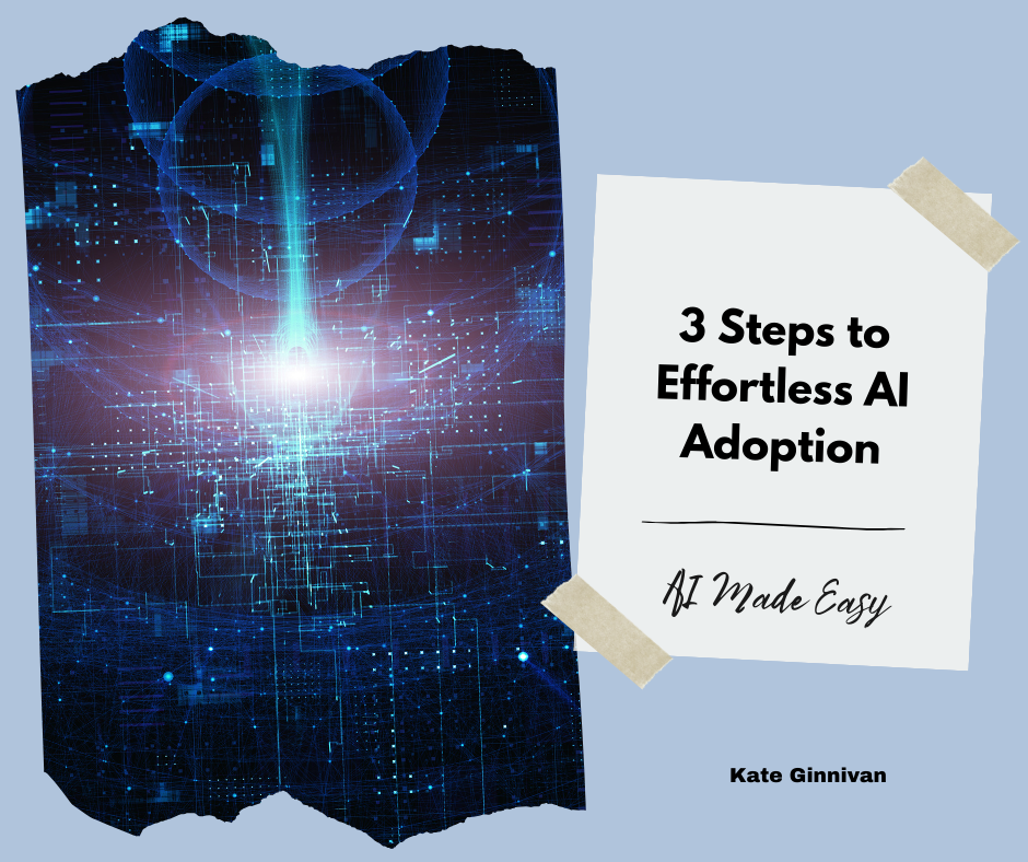 Cover image of 'AI Made Easy'. Includes text stating 3 Steps to Effortless AI Adoption. Includes futuristic image of code.