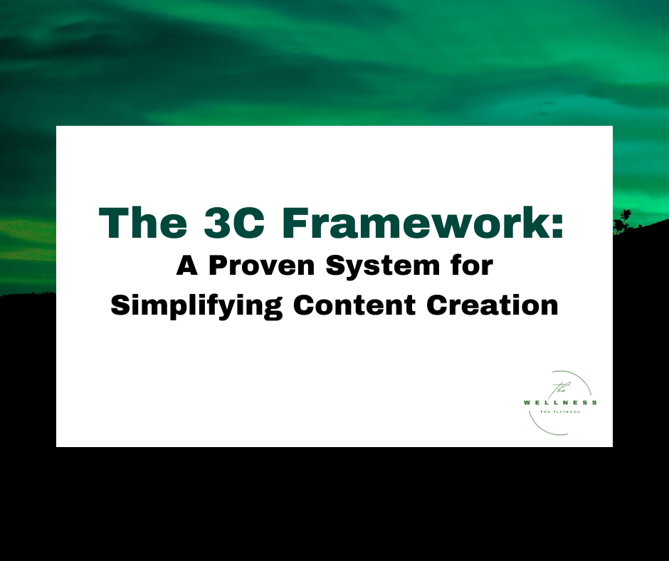 A graphic with the title "The 3C Framework: A Proven System for Simplifying Content Creation" on a green and black gradient background, featuring The Wellness Pro Playbook logo.