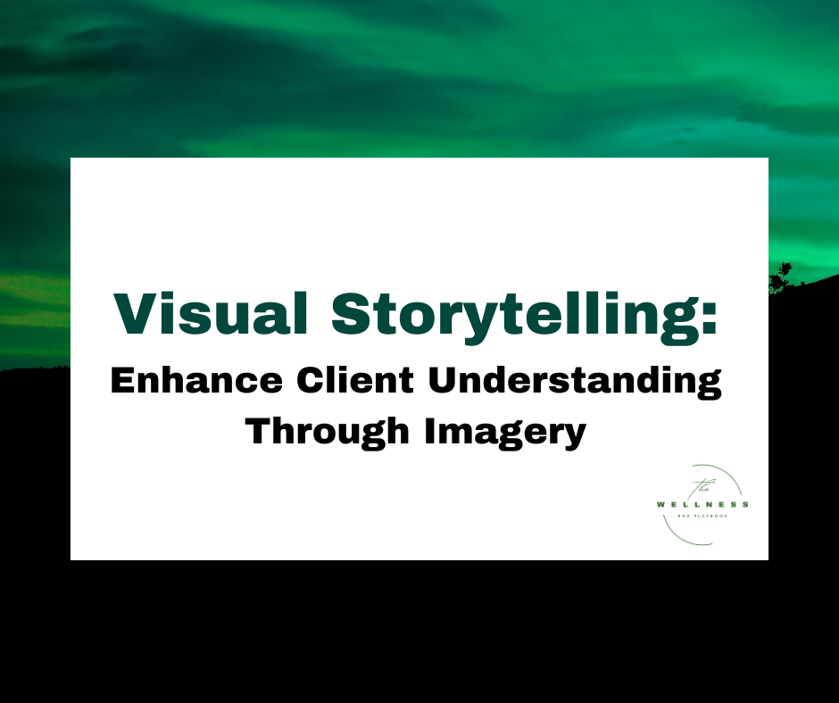 A graphic with the title "Visual Storytelling: Enhance Client Understanding Through Imagery" on a green and black gradient background, featuring The Wellness Pro Playbook logo.