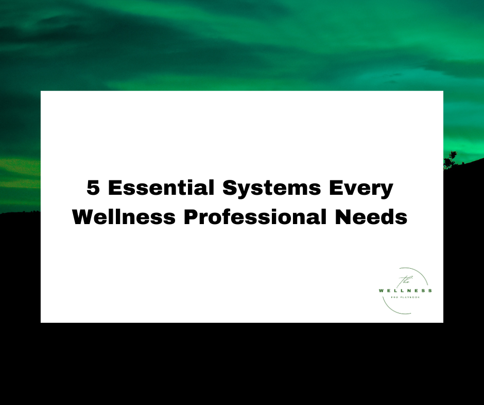 A graphic with the title "5 Essential Systems Every Wellness Professional Needs" on a green and black gradient background, featuring The Wellness Pro Playbook logo.